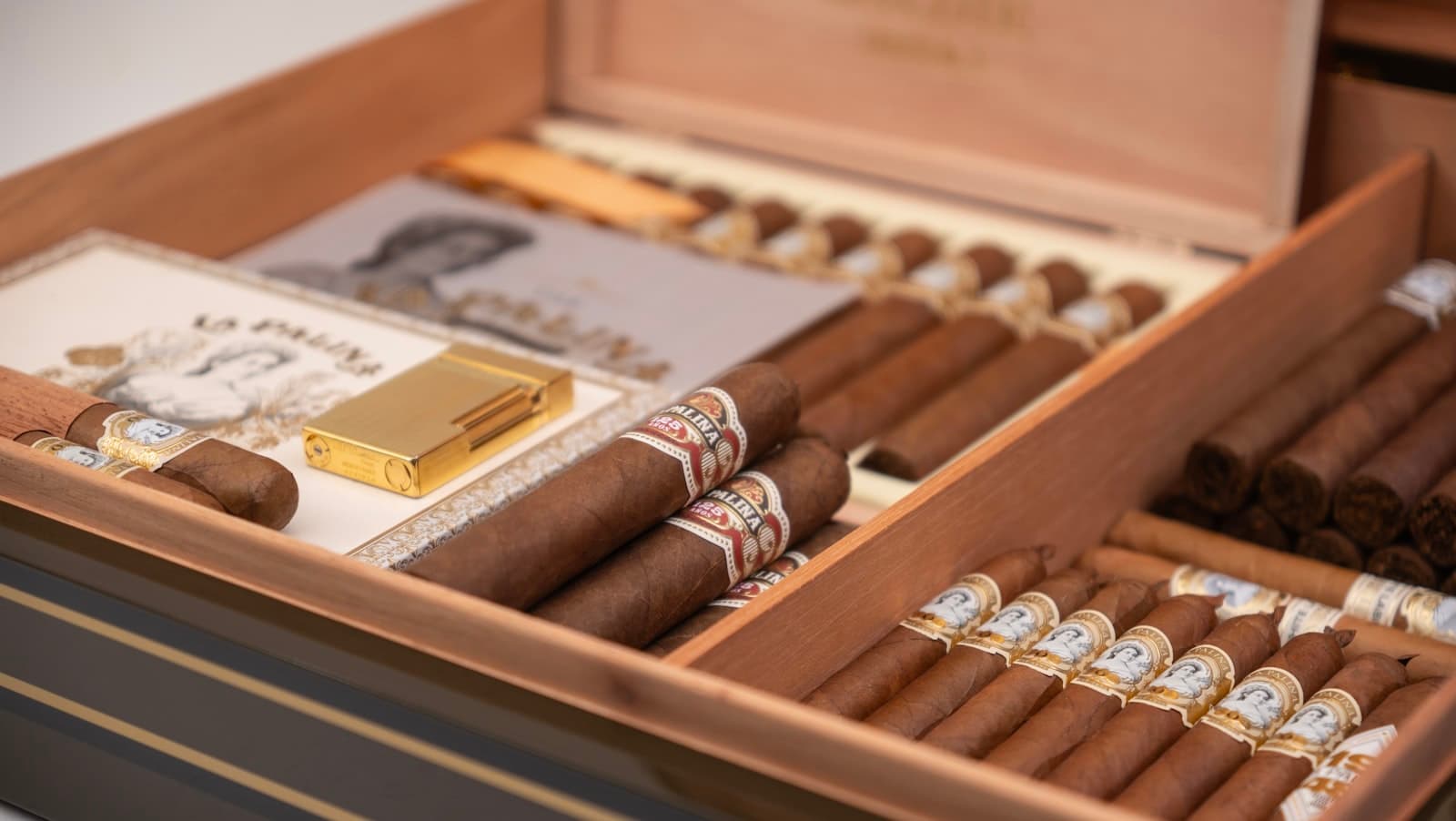 An open cigar humidor with boxes arranged inside
