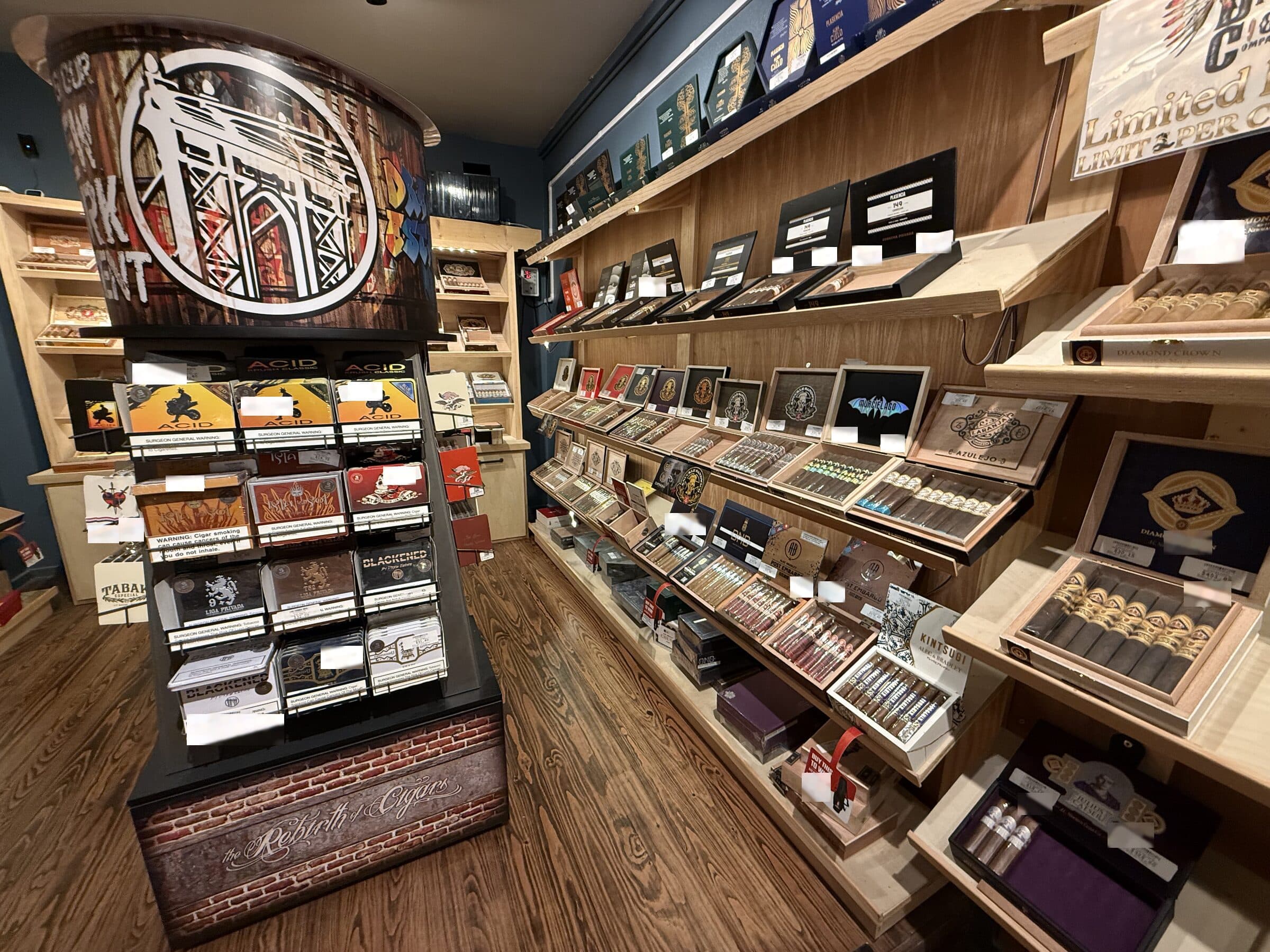 Inside the Big Chief walk-in humidor, with shelves of cigar boxes on both sides